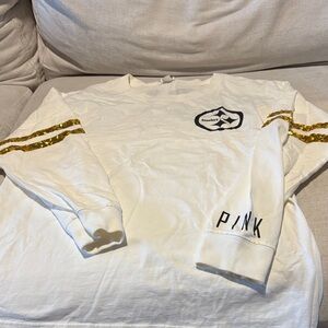 PINK Victoria's Secret White Long Sleeve with Gold Stripes